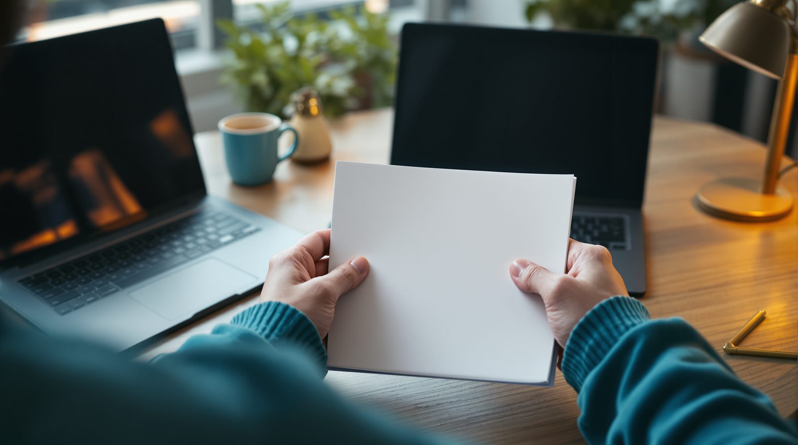 Two hands holding a stack of blank sheets between two laptops, as a first month begins