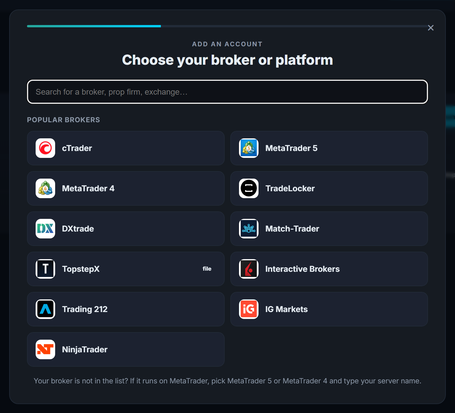 Tradoshi's “Add an account” screen, with Match-Trader among the platforms