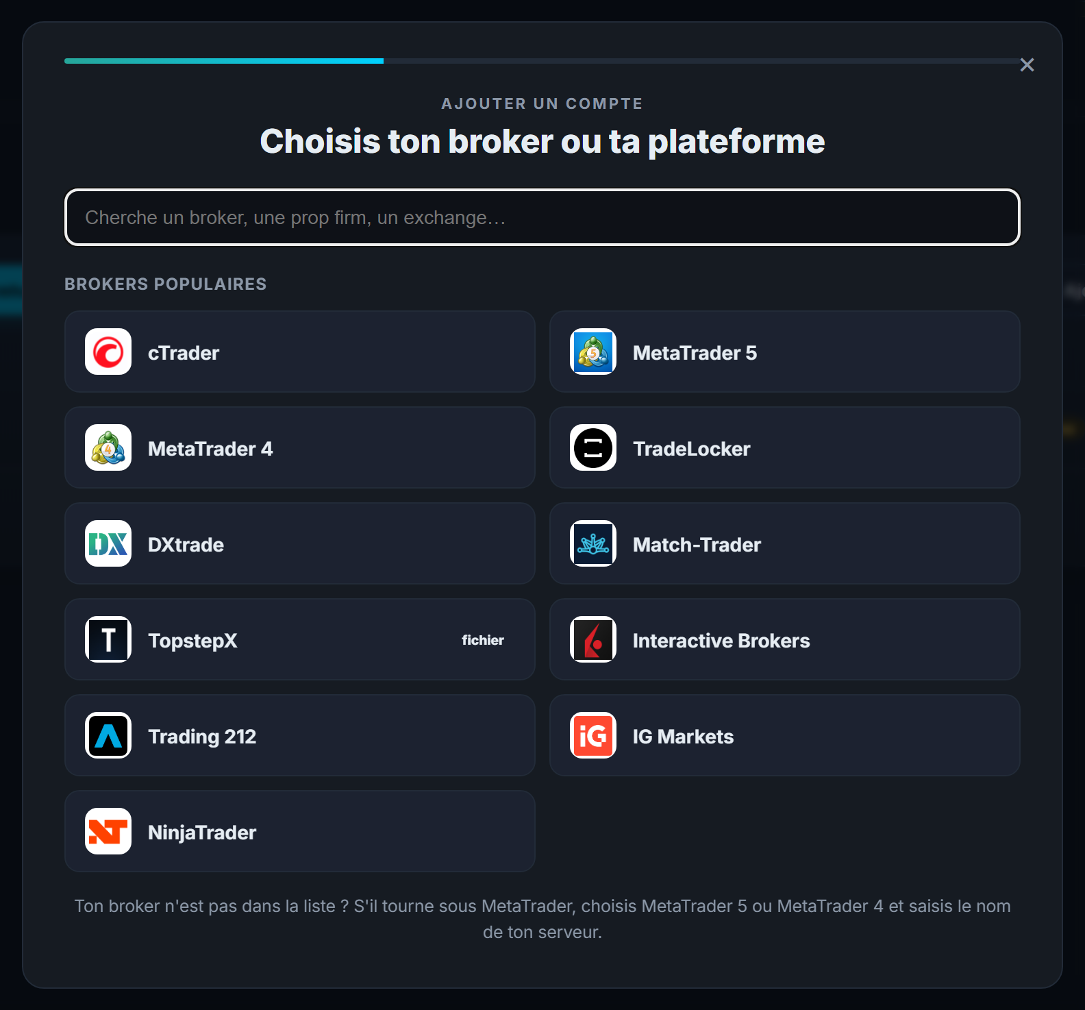 L'écran « Ajouter un compte » de Tradoshi, avec Match-Trader parmi les plateformes