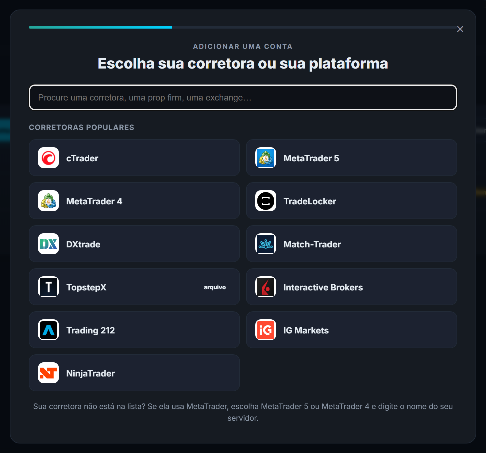 A tela “Adicionar uma conta” do Tradoshi, com o Match-Trader entre as plataformas