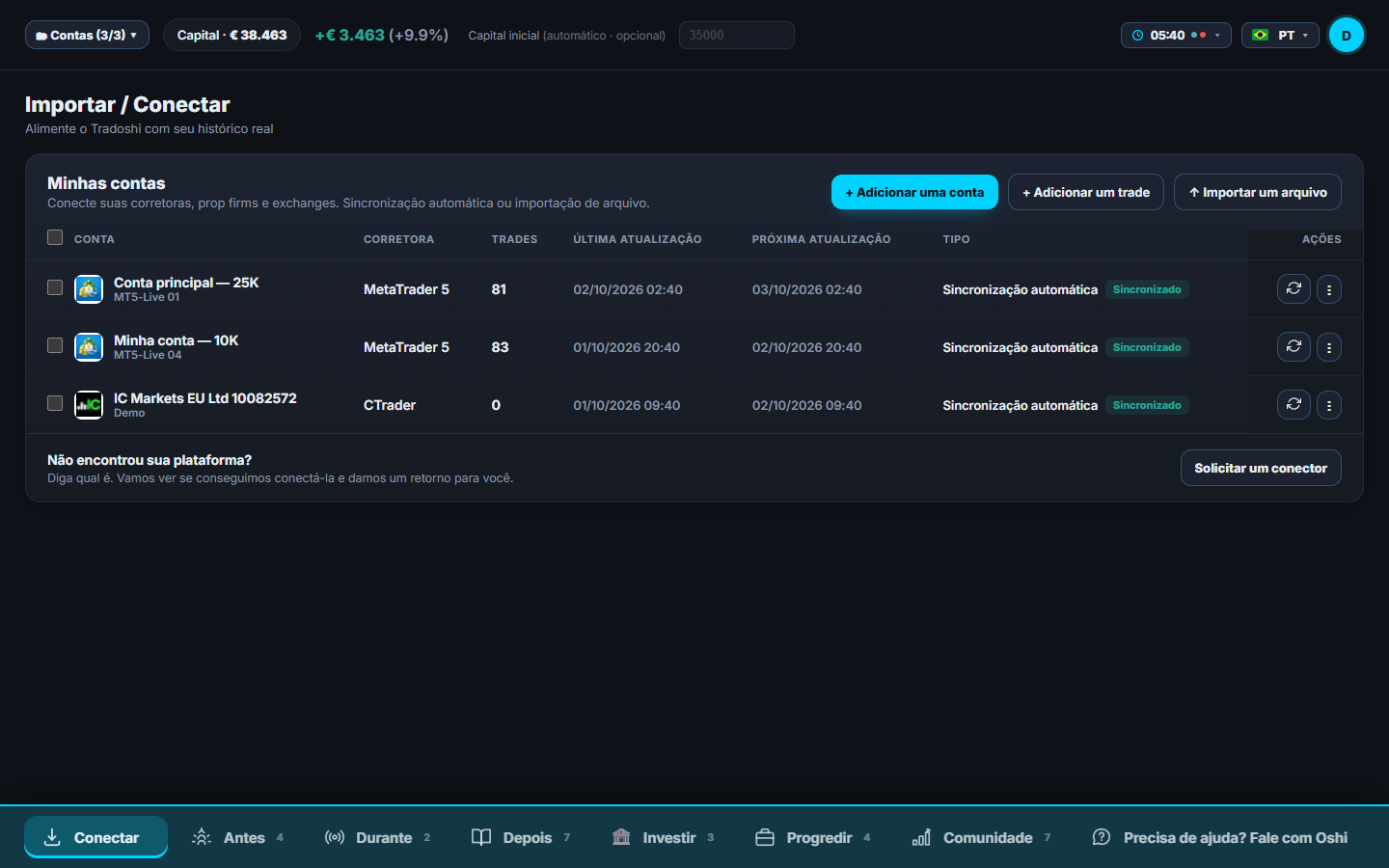 A página Importar / Conectar do Tradoshi com uma conta MetaTrader