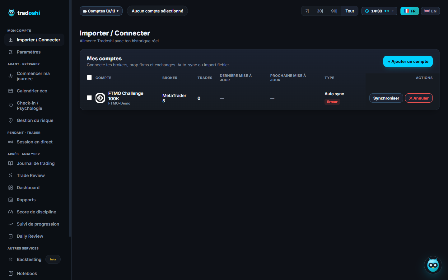 La page Importer / Connecter de Tradoshi avec un compte MetaTrader
