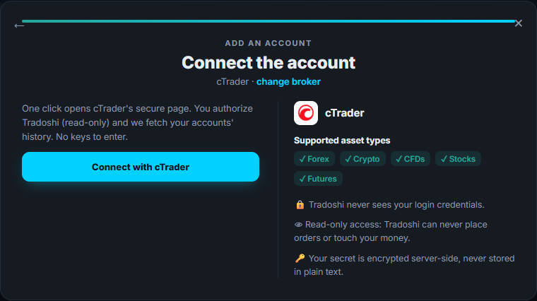 El botón Conectar con cTrader en Tradoshi