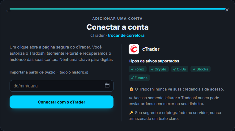 O botão Conectar com cTrader no Tradoshi
