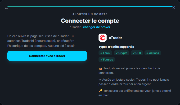 Le bouton Connecter avec cTrader dans Tradoshi