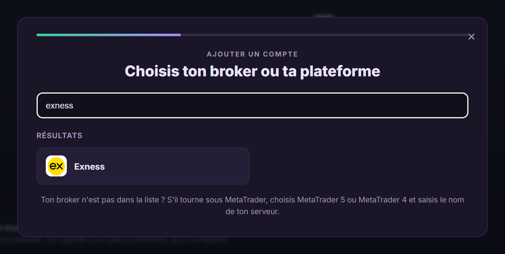 Recherche de Exness dans l'assistant de connexion de Tradoshi