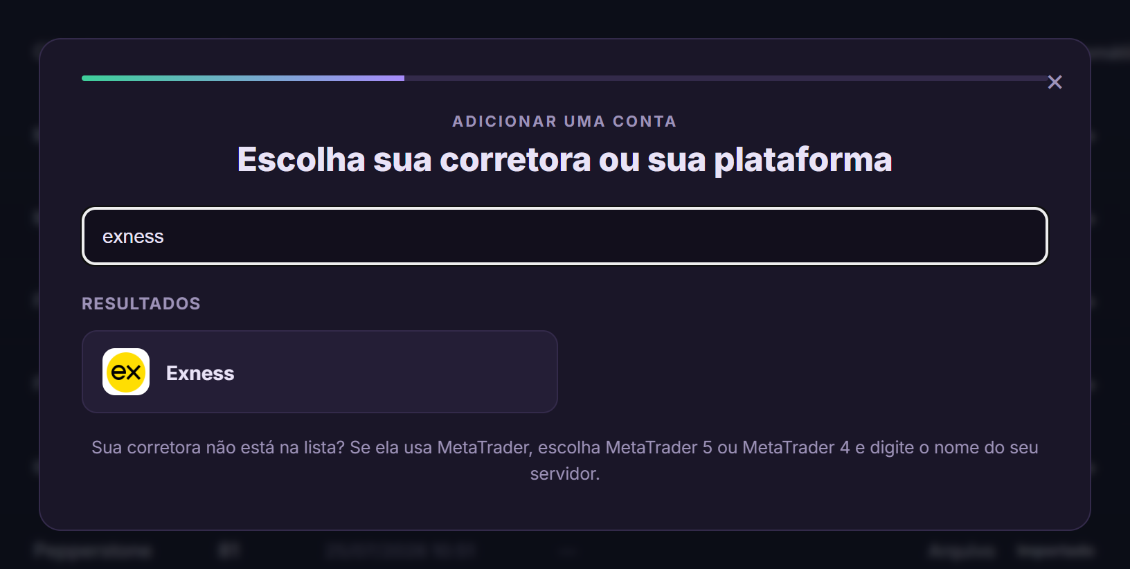 Busca por Exness no assistente de conexão do Tradoshi