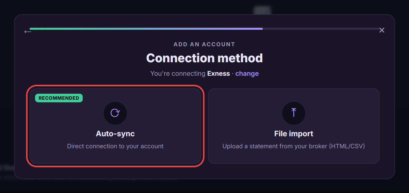 Choosing the Auto-sync connection method for Exness