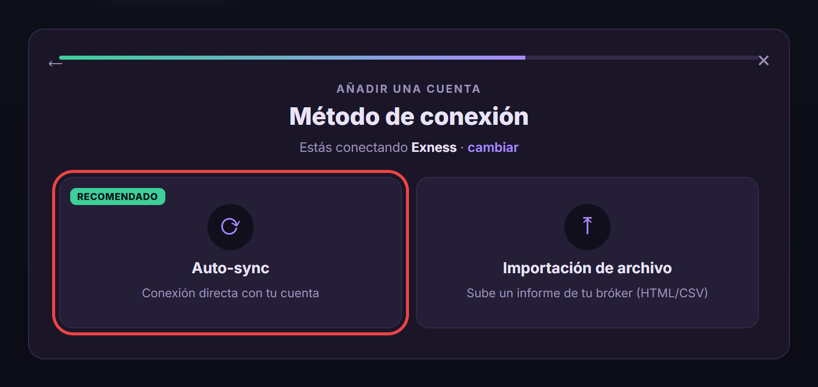Elección del método de conexión Auto-sync para Exness