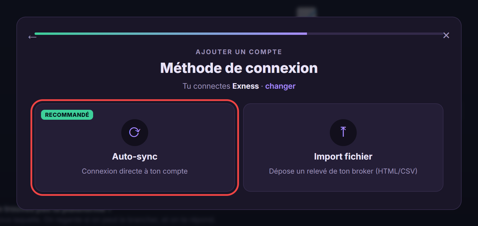 Choix de la méthode de connexion Auto-sync pour Exness