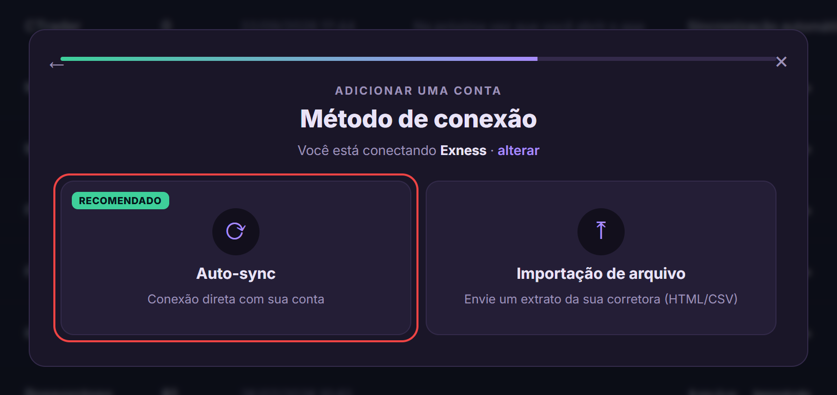 Escolha do método de conexão Auto-sync para Exness