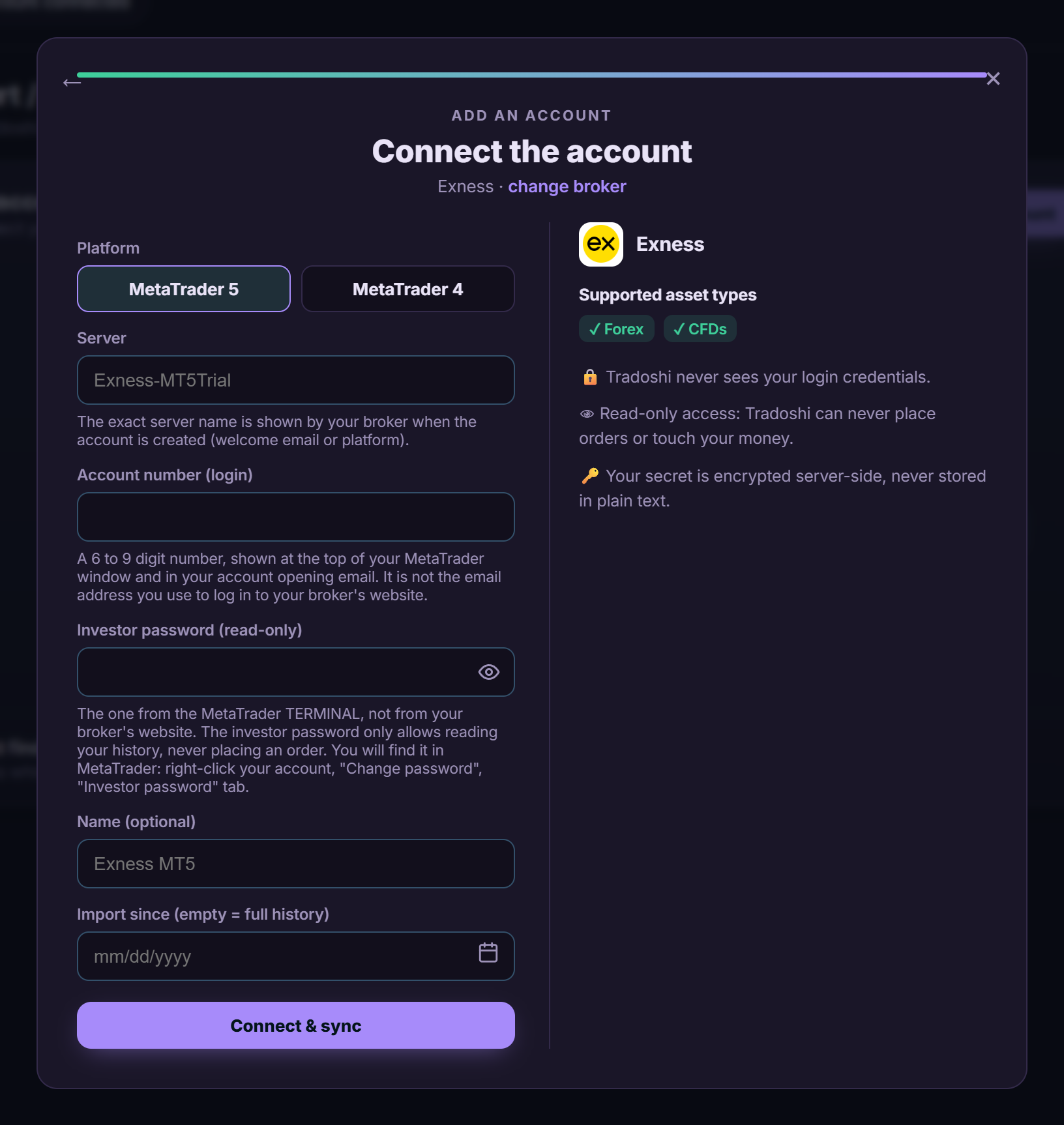 Connection form for a Exness account in Tradoshi