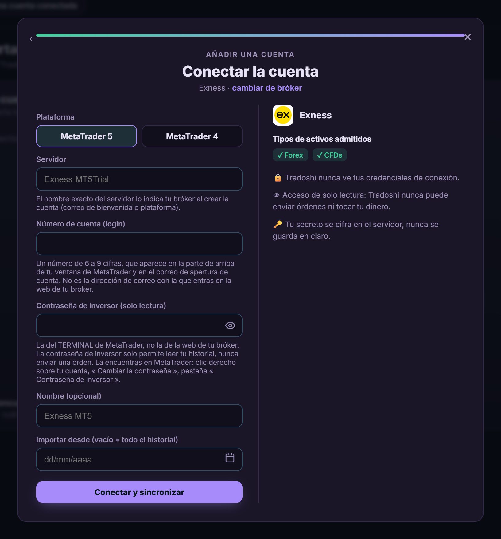 Formulario de conexión de una cuenta Exness en Tradoshi