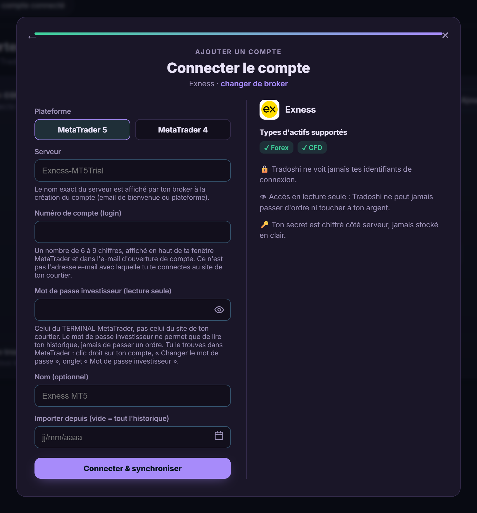 Formulaire de connexion d'un compte Exness dans Tradoshi
