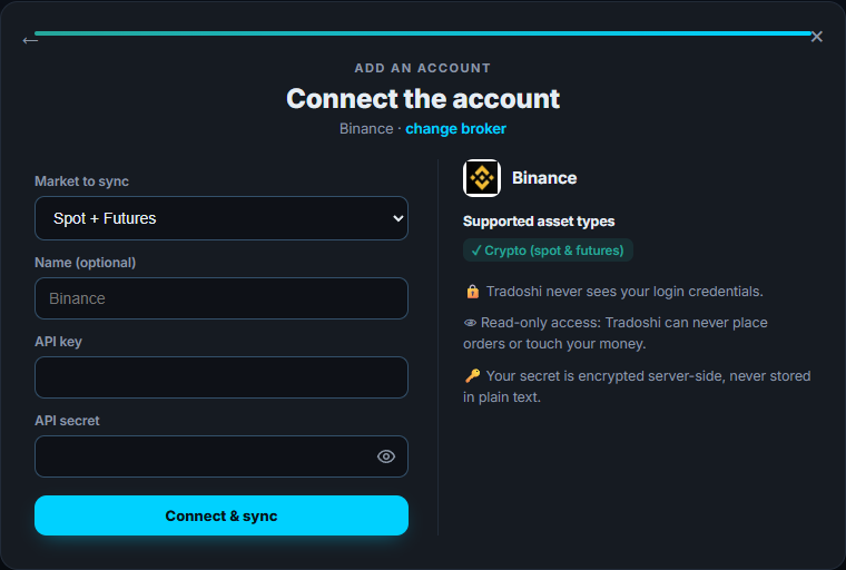 La pantalla de conexión de Binance en Tradoshi: mercado, clave API y secreto