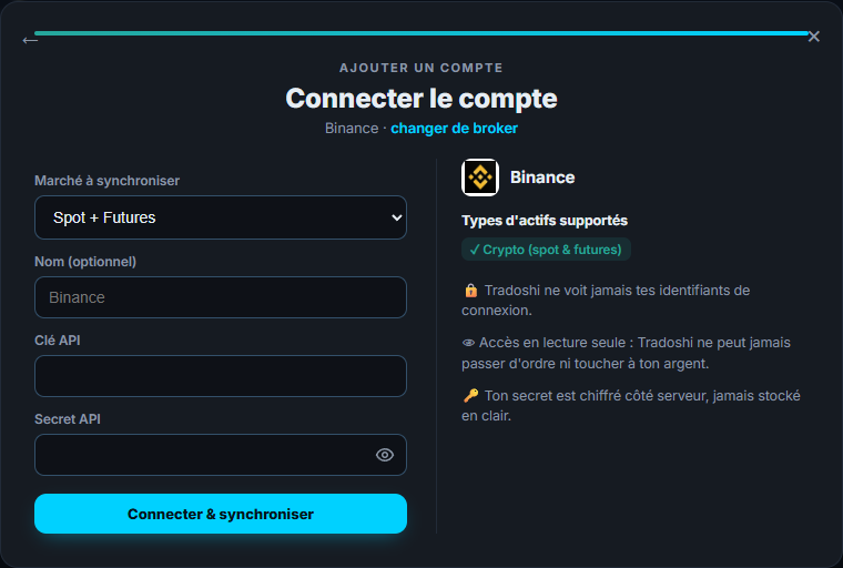 L'écran de connexion Binance dans Tradoshi : marché, clé API et secret