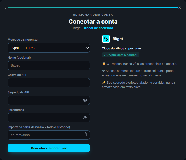A tela de conexão da Bitget no Tradoshi: mercado, chave de API e chave secreta