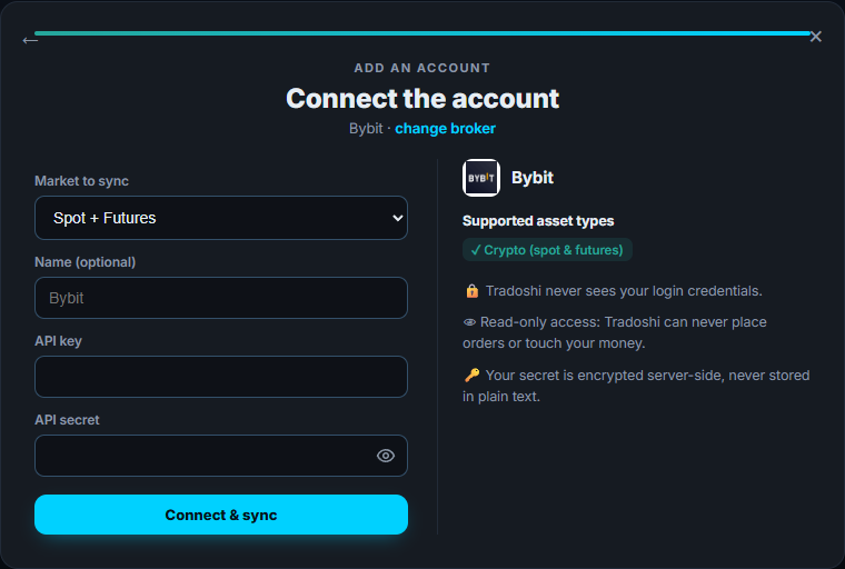 La pantalla de conexión de Bybit en Tradoshi: mercado, clave API y secreto