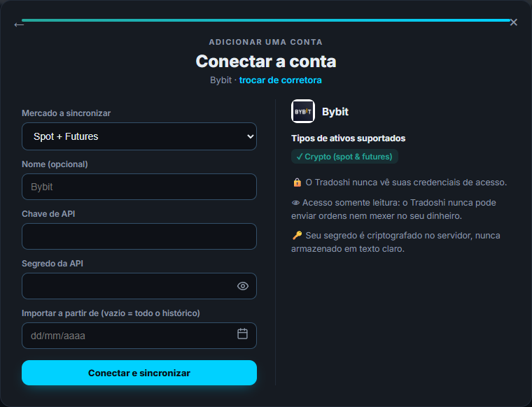 A tela de conexão da Bybit no Tradoshi: mercado, chave de API e chave secreta