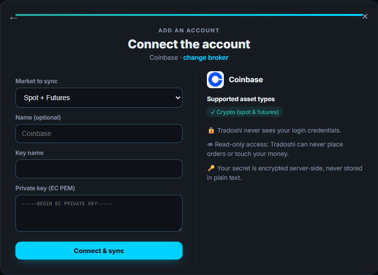 La pantalla de conexión de Coinbase en Tradoshi: mercado, clave API y secreto