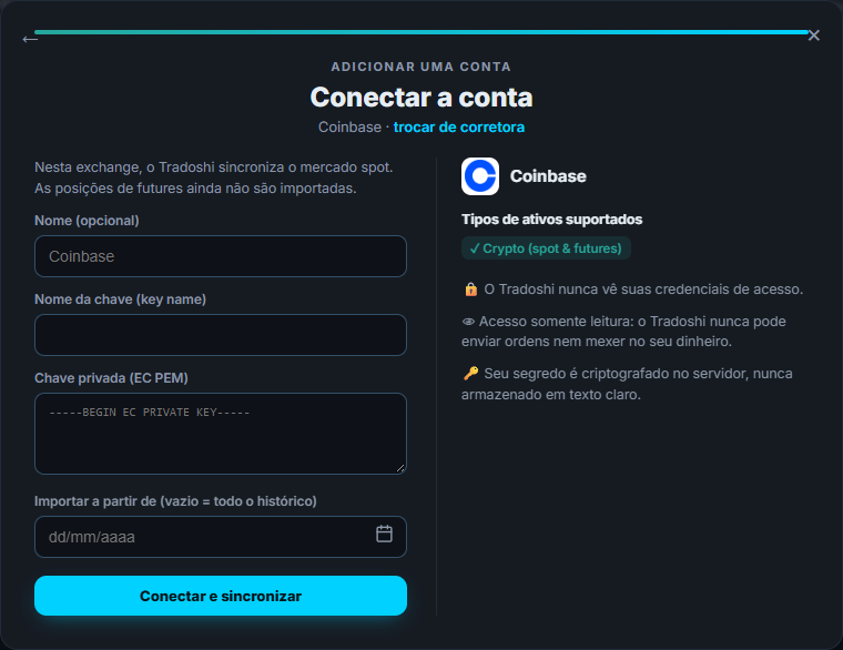 A tela de conexão da Coinbase no Tradoshi: mercado, chave de API e chave secreta