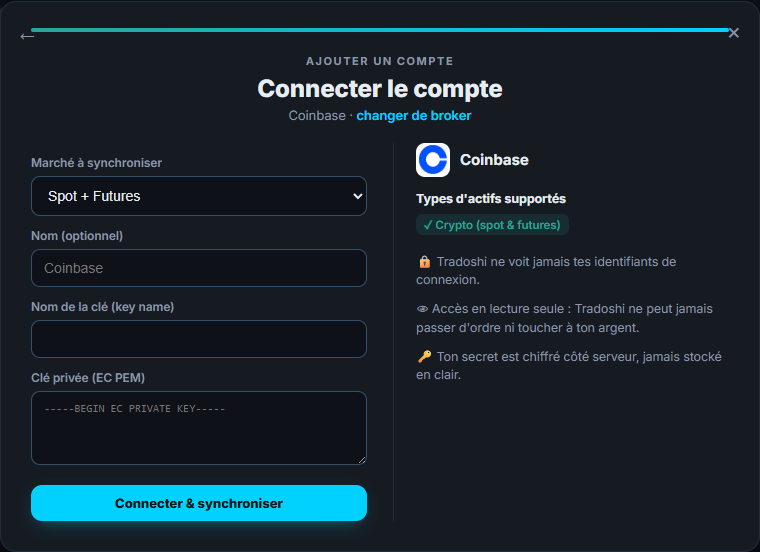L'écran de connexion Coinbase dans Tradoshi : marché, clé API et secret