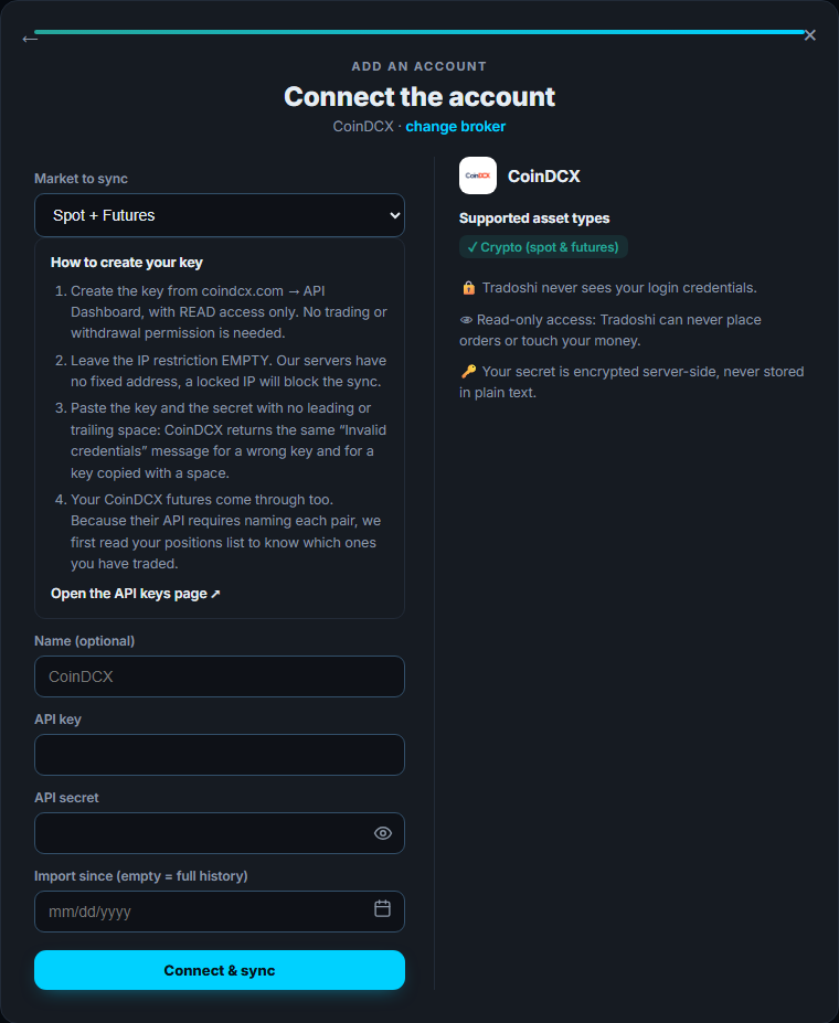 The CoinDCX connection screen in Tradoshi: market, API key and secret
