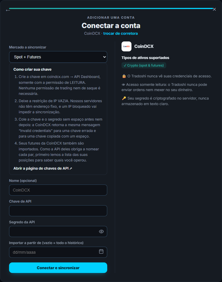 A tela de conexão da CoinDCX no Tradoshi: mercado, chave de API e chave secreta