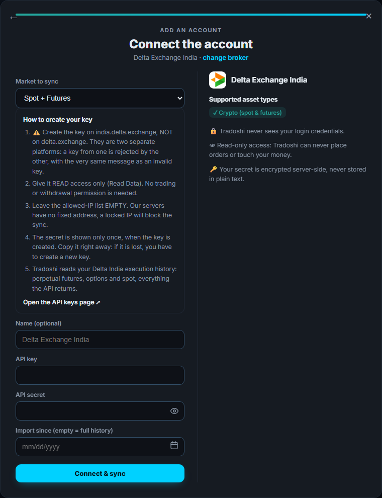 The Delta Exchange India connection screen in Tradoshi: market, API key and secret
