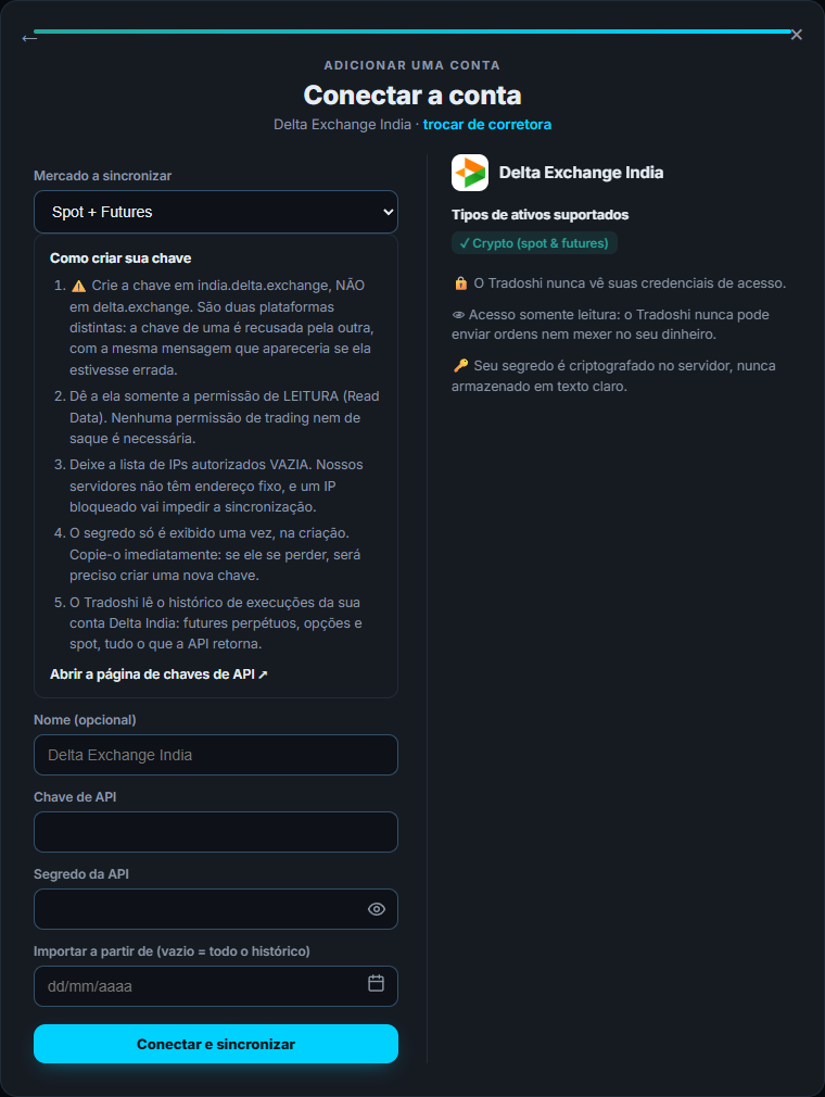 A tela de conexão da Delta Exchange India no Tradoshi: mercado, chave de API e chave secreta