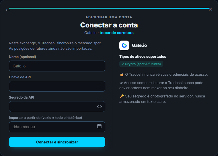 A tela de conexão da Gate.io no Tradoshi: mercado, chave de API e chave secreta