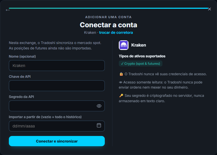 A tela de conexão da Kraken no Tradoshi: mercado, chave de API e chave secreta