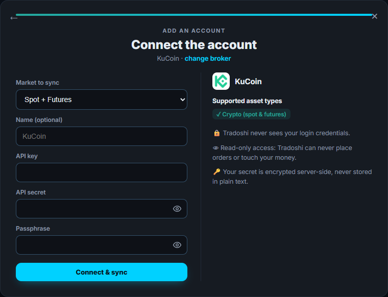 La pantalla de conexión de KuCoin en Tradoshi: mercado, clave API y secreto