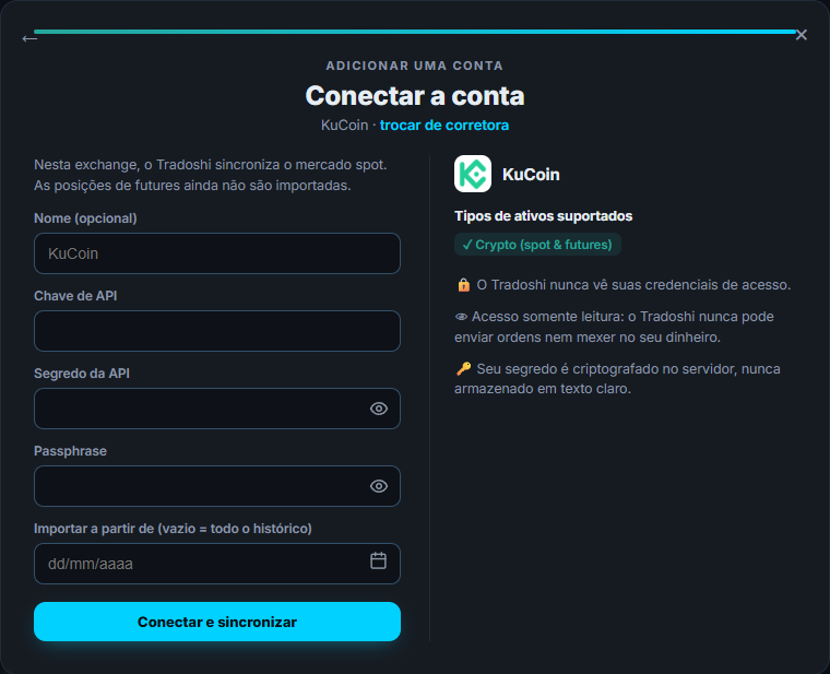 A tela de conexão da KuCoin no Tradoshi: mercado, chave de API e chave secreta