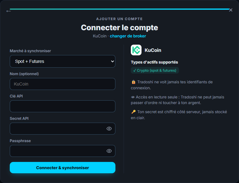 L'écran de connexion KuCoin dans Tradoshi : marché, clé API et secret