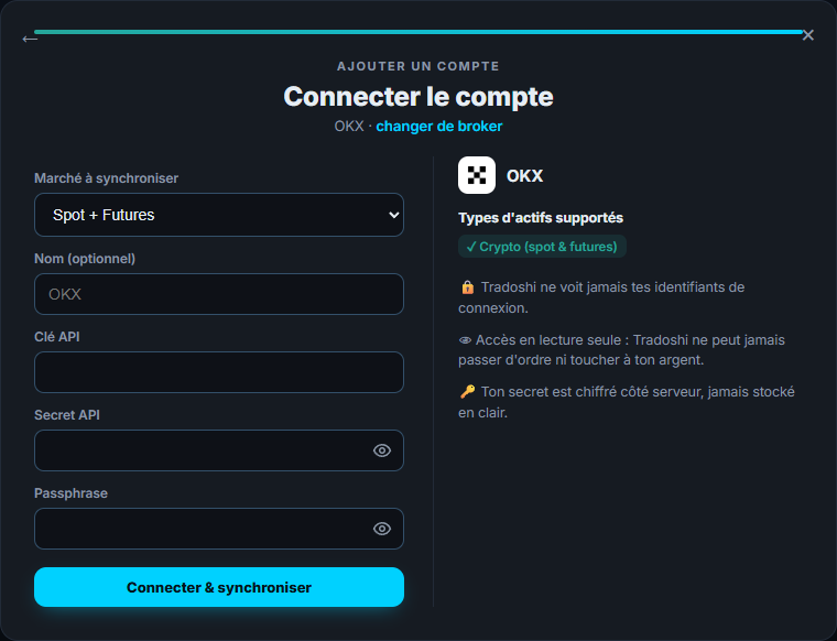 L'écran de connexion OKX dans Tradoshi : marché, clé API et secret