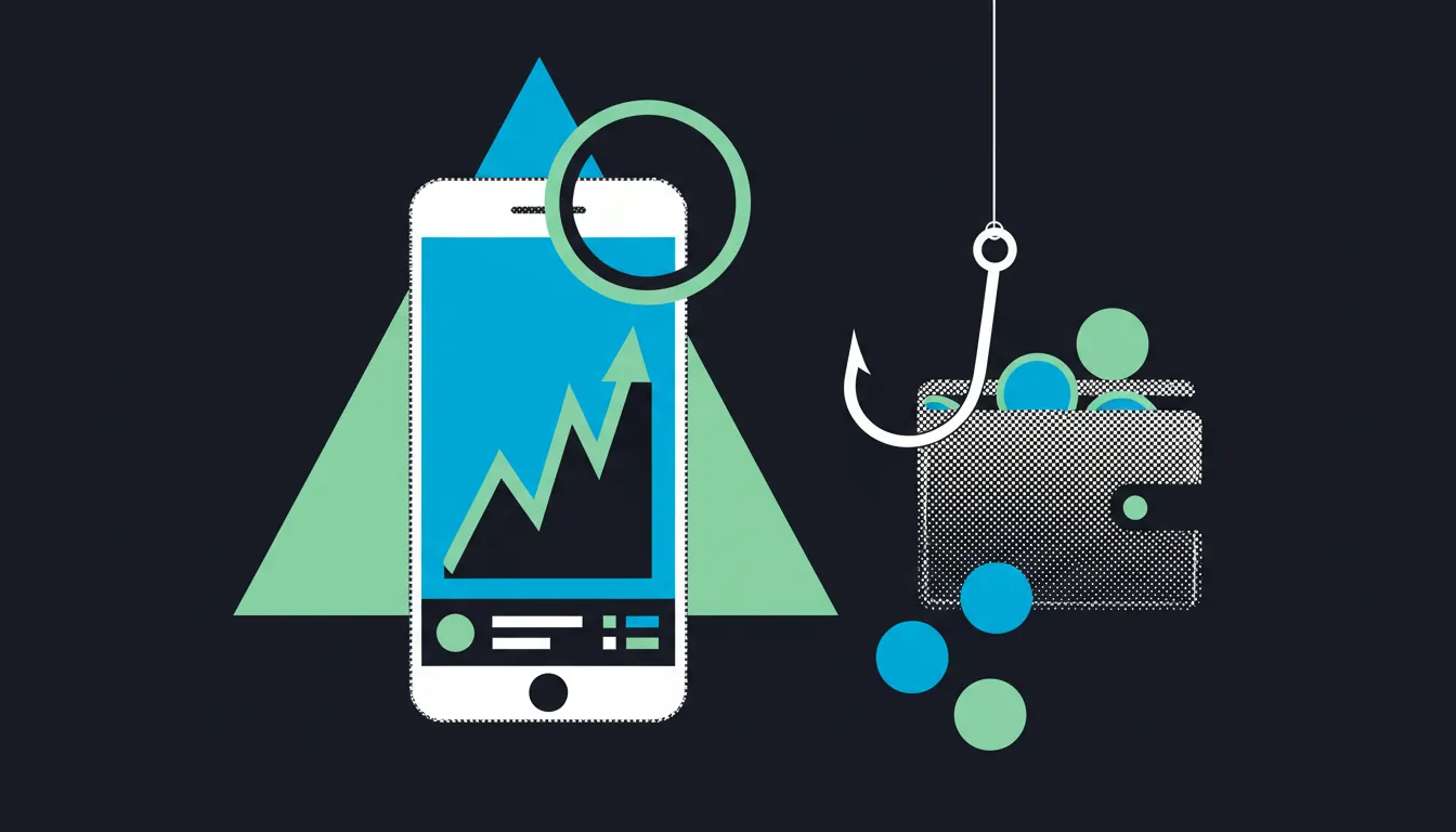 Illustration : smartphone affichant une fausse application de trading sous un triangle d'alerte, loupe et hameçon qui tire des pièces d'un portefeuille