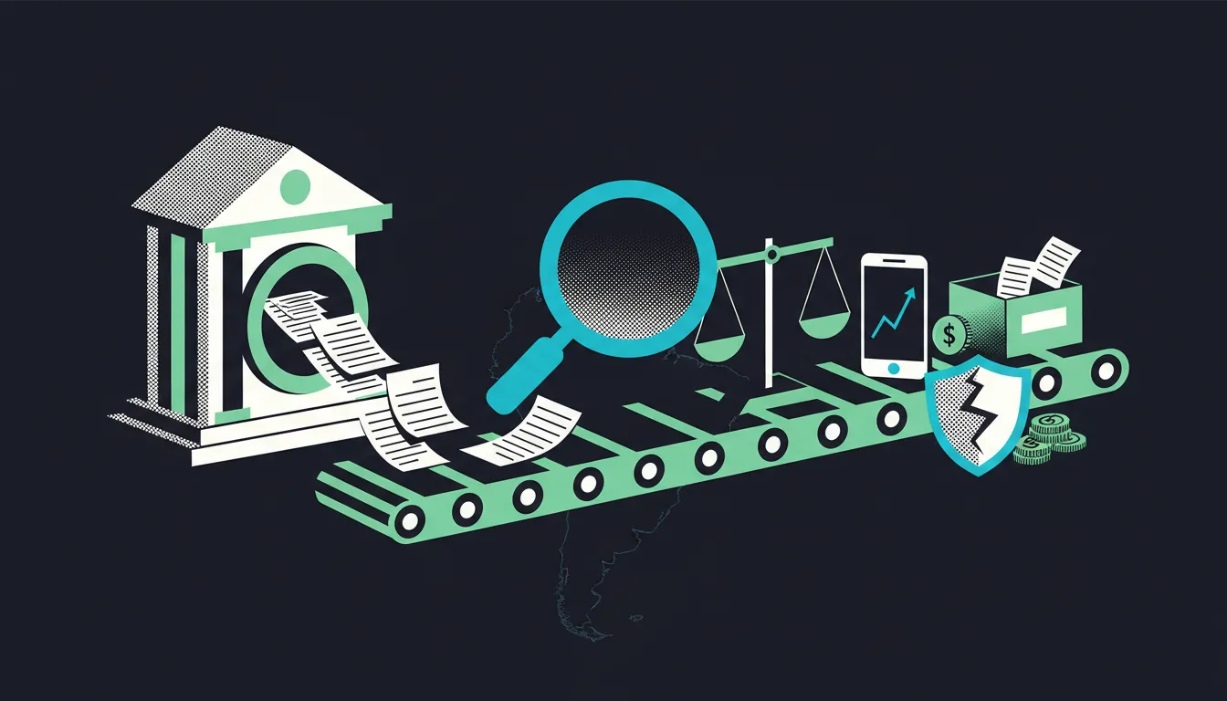 Ilustração: documentos saem de um cofre de banco e passam por lupa e balança até um smartphone, ao lado de moedas e de um escudo rachado.
