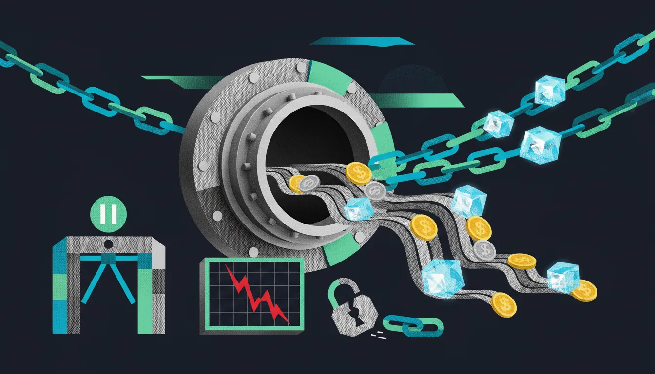 Ilustración: cámara acorazada abierta de la que salen monedas por cadenas, algunas atrapadas en hielo, un torniquete cerrado y un gráfico en fuerte caída.