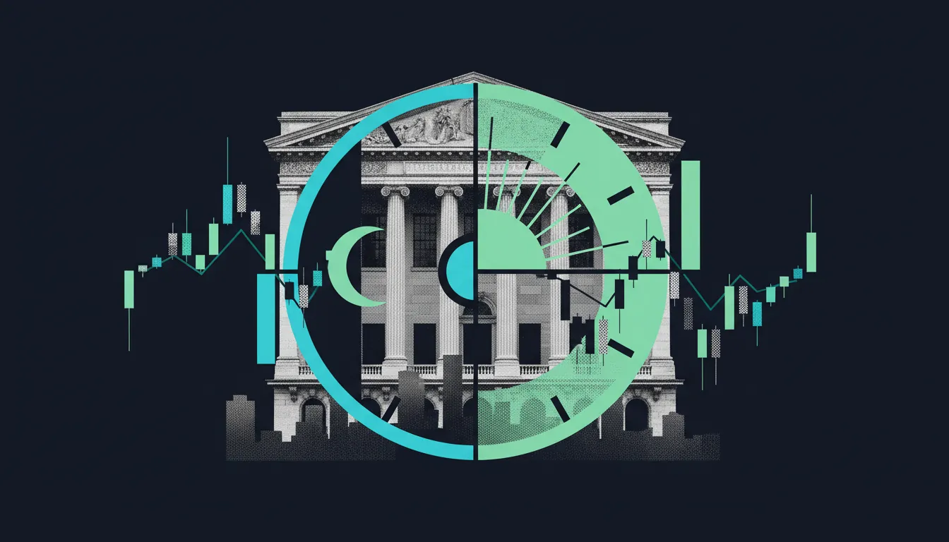 Illustration : horloge partagée entre la nuit et le jour devant la façade d'une Bourse, avec des chandeliers qui débordent des heures de séance