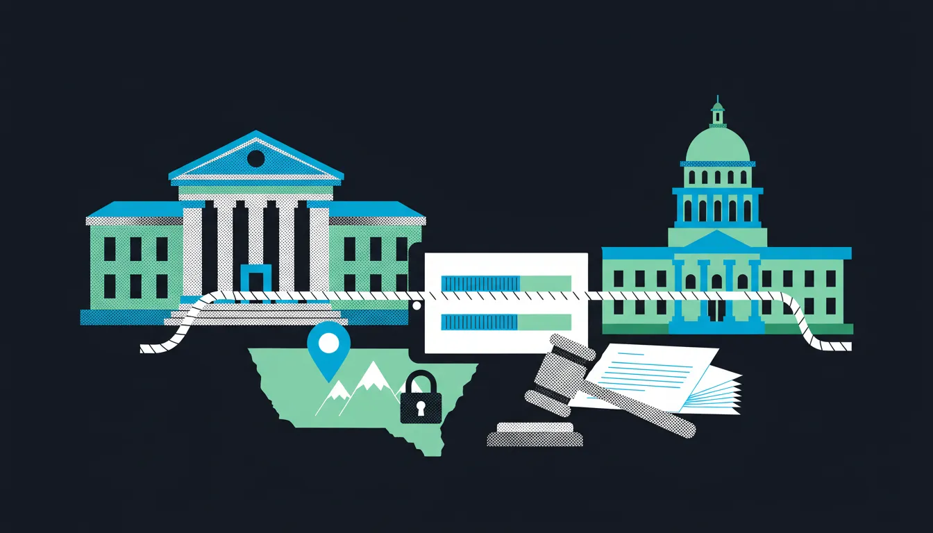 Illustration: a federal courthouse and a state capitol pull a rope around a trading tablet, beside a state map with a location pin and padlock.