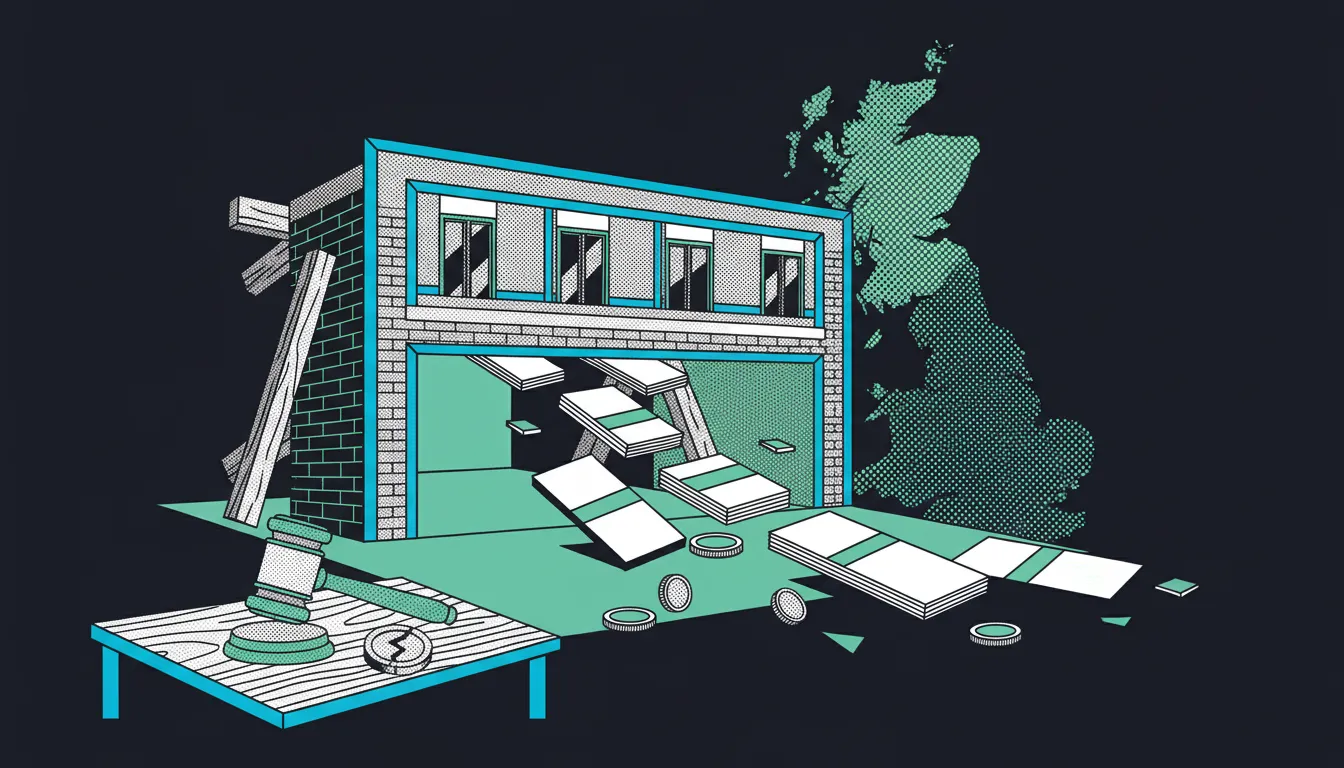 Illustration: a theatre-set office facade hiding stacks of blank bond certificates, with a judge's gavel and a cracked approval seal on a desk.