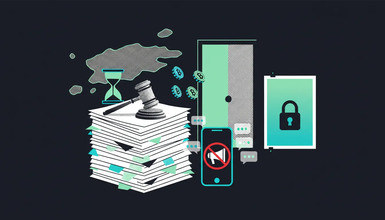 Illustration: a gavel on blank documents beside a phone with a crossed-out megaphone, coins leaving an island outline, an hourglass and a padlocked poster.