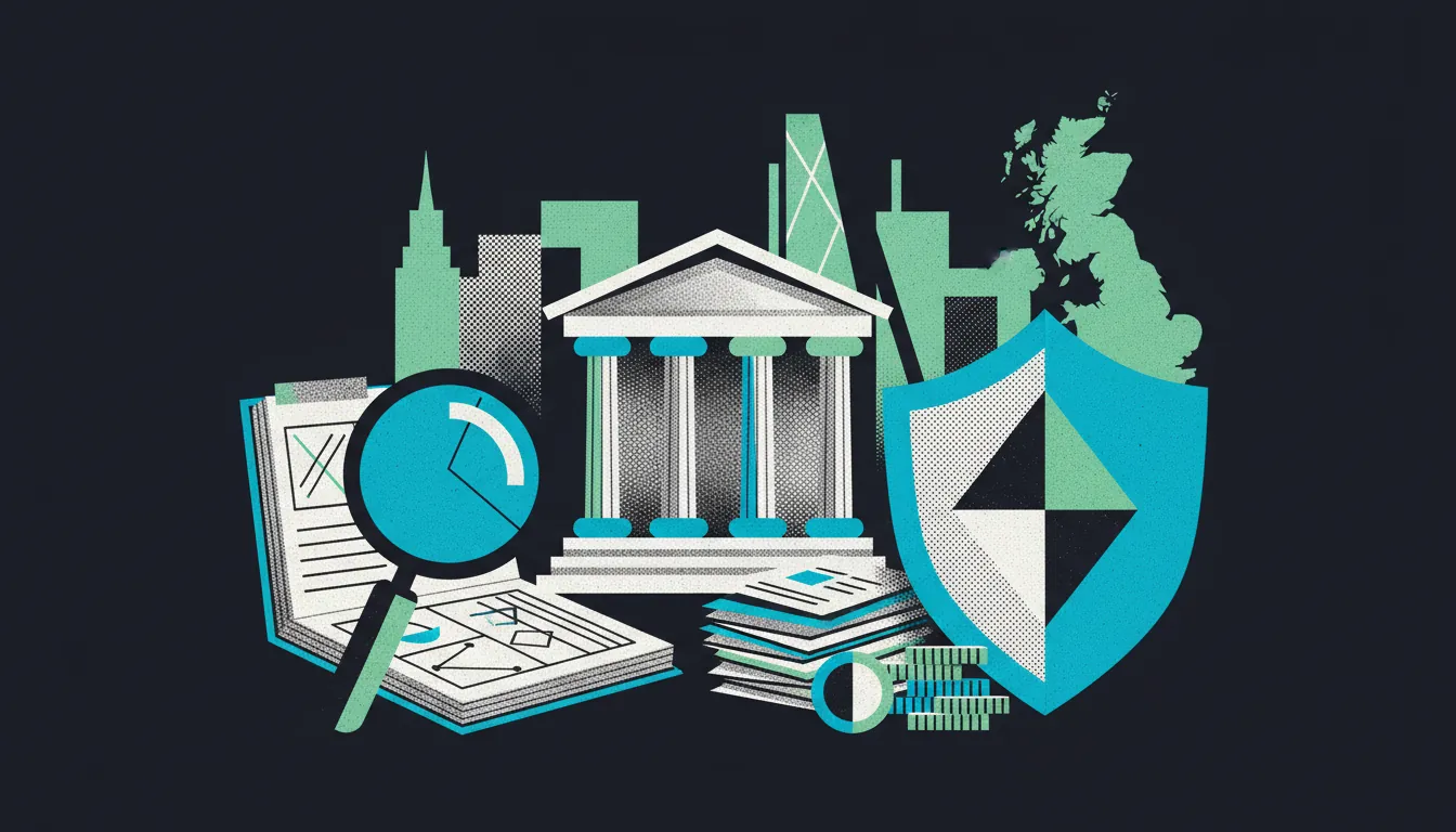 Illustration: a regulator's building in front of the City of London skyline, with a shield and client files