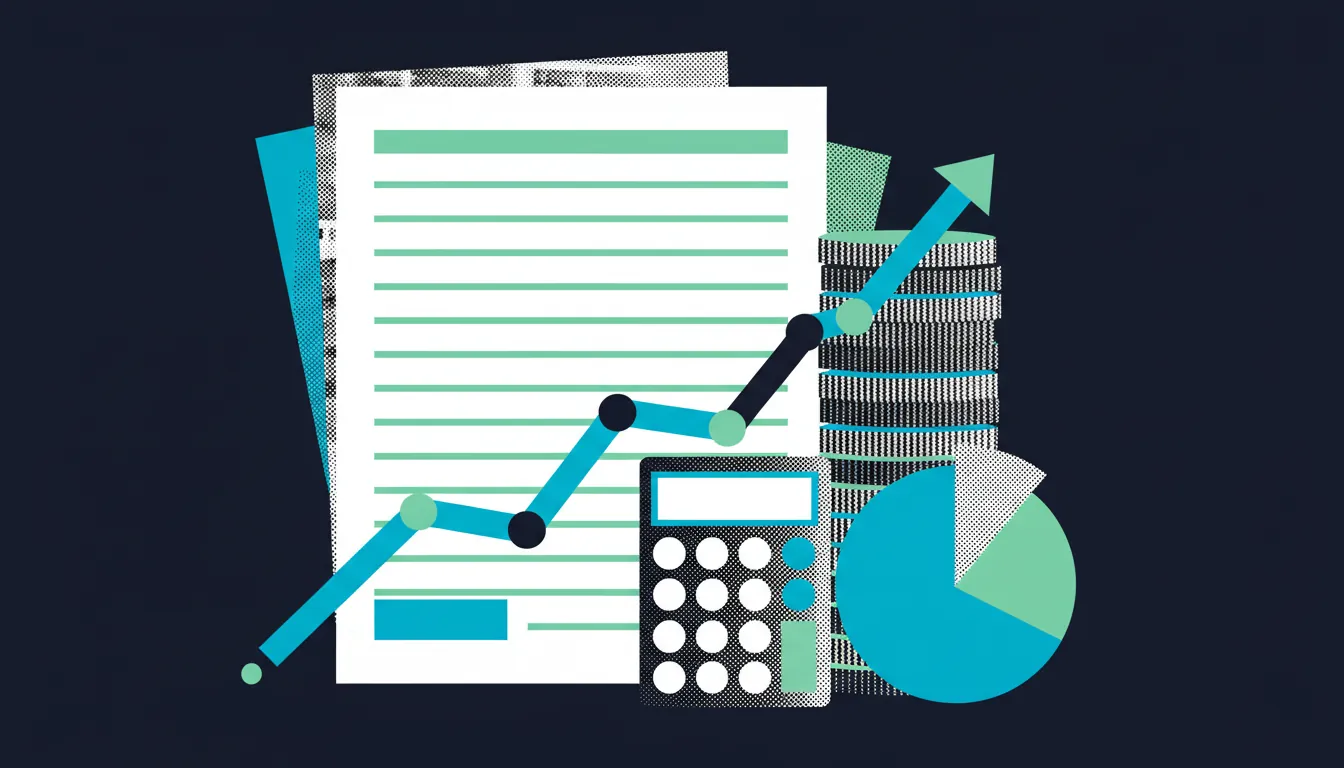Illustration : formulaire fiscal, calculatrice, pile de pièces et courbe de marché en hausse