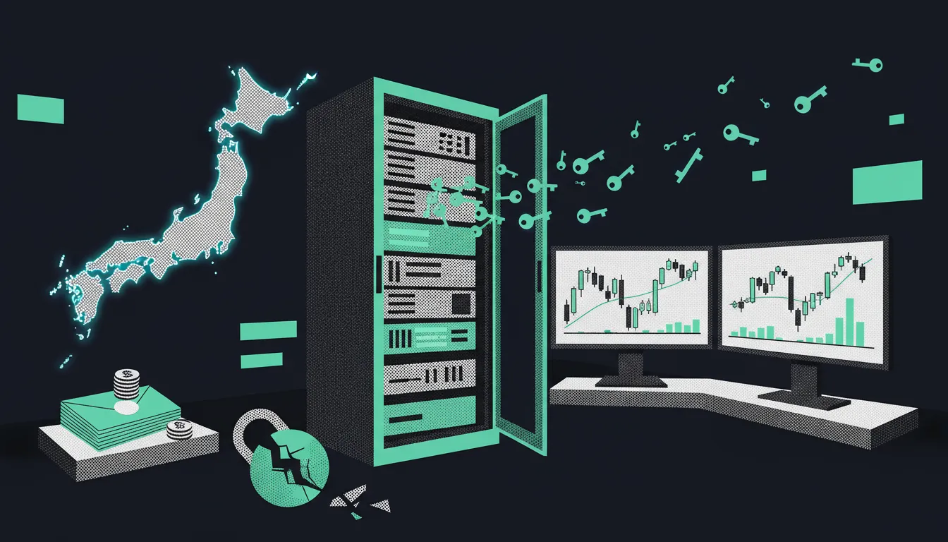 Illustration : un serveur ouvert laisse échapper des clés vers des écrans de trading, près d'un cadenas brisé et du contour de l'archipel japonais.