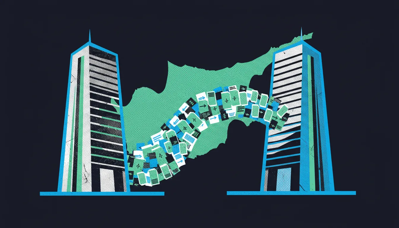 Illustration : deux immeubles de bureaux reliés par un flux de dossiers clients