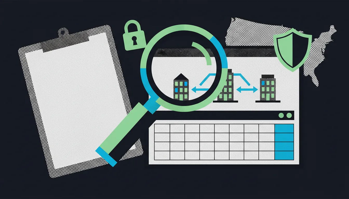 Illustration: magnifying glass over a trading screen with order routing arrows and an options grid, next to a blank inspection checklist and a padlock.