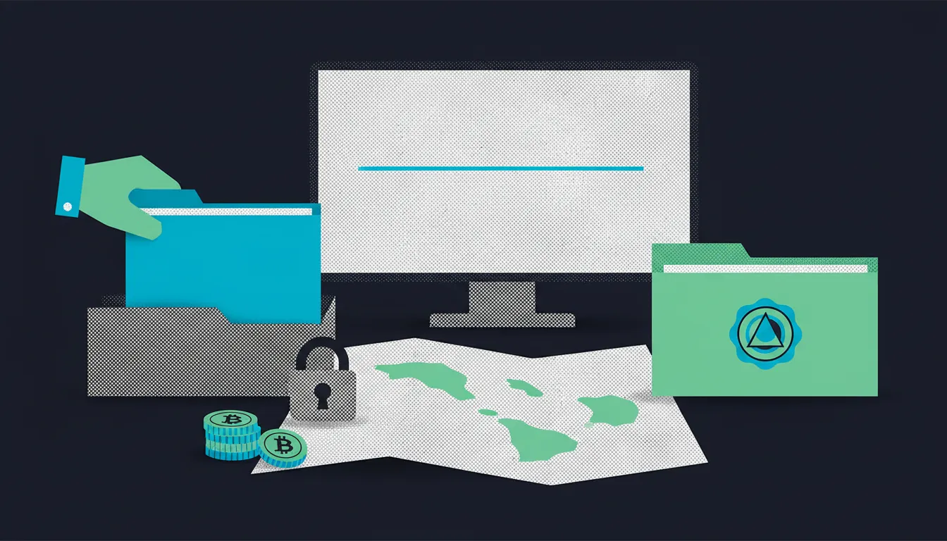Illustration : dossier de demande retiré d'un bac officiel, pièces crypto sous cadenas et contour d'un archipel tropical sur un bureau