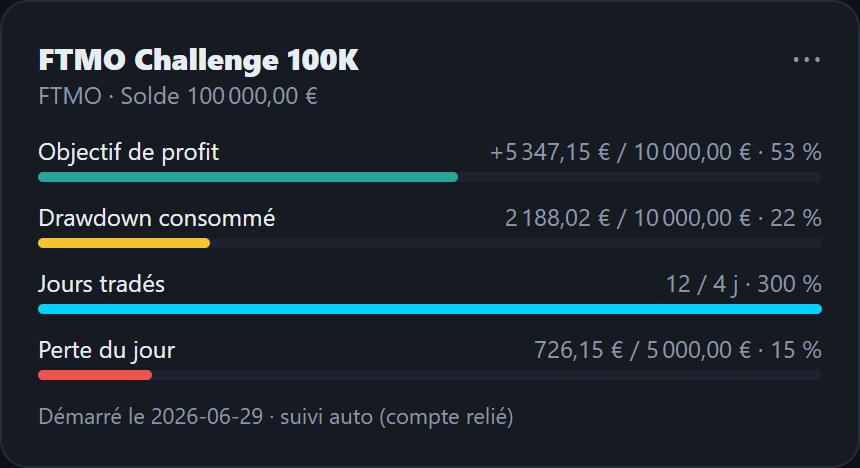 Tradoshi Path to Consistency: FTMO 100K challenge tracked automatically — 53% of the profit target, 28% of the drawdown used, days traded, daily loss (demo data)